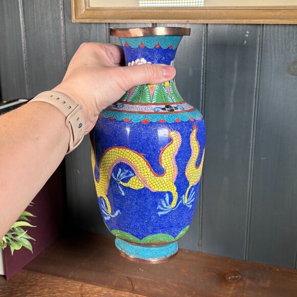 Large Vintage Cloisonne Dragon Vase 10" Copper Enamel Asian Decor Chinese Style - Picture 16 of 17